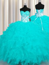 Glittering Aqua Blue Sleeveless Floor Length Appliques and Ruffles Lace Up 15 Quinceanera Dress