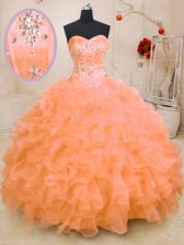  Sleeveless Floor Length Beading and Ruffles Lace Up 15th Birthday Dress with Orange