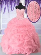  Pink Quince Ball Gowns Military Ball and Sweet 16 and Quinceanera with Beading and Ruffles Sweetheart Sleeveless Lace Up