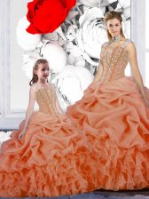 Customized Orange Organza Lace Up Straps Sleeveless Floor Length Sweet 16 Dresses Beading and Ruffles and Pick Ups