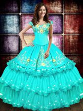 Smart Off the Shoulder Floor Length Lace Up 15th Birthday Dress Turquoise for Military Ball and Sweet 16 and Quinceanera with Embroidery and Ruffled Layers