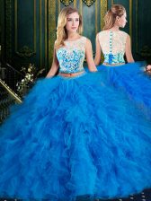  Scoop Sleeveless Tulle Floor Length Zipper Ball Gown Prom Dress in Blue with Lace and Ruffles