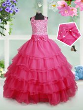Discount Halter Top Hot Pink Zipper Little Girl Pageant Gowns Beading and Ruffled Layers and Bowknot Sleeveless Floor Length