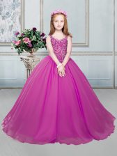 New Arrival Straps Floor Length Ball Gowns Sleeveless Fuchsia Kids Formal Wear Lace Up