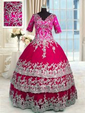 Fashion Red and Hot Pink V-neck Neckline Beading and Appliques and Ruffled Layers Quince Ball Gowns Half Sleeves Zipper