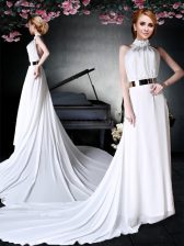 Beauteous With Train White Halter Top Sleeveless Court Train Backless