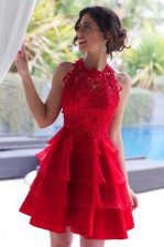  Ruffled A-line Prom Party Dress Red Halter Top Tulle Sleeveless Knee Length Zipper
