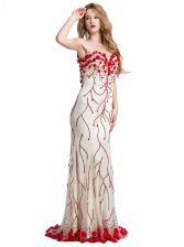 Latest With Train White And Red Dress for Prom Scoop Sleeveless Sweep Train Clasp Handle