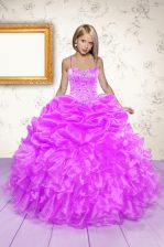 Fashion Sleeveless Floor Length Beading and Ruffles and Pick Ups Lace Up Little Girls Pageant Gowns with Hot Pink