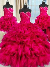 Free and Easy Four Piece Sleeveless Beading and Ruffles and Ruching Lace Up Sweet 16 Dress