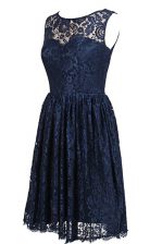  Scoop Navy Blue Lace Zipper Prom Evening Gown Sleeveless Knee Length Hand Made Flower