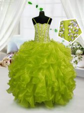 Hot Selling Ball Gowns Little Girl Pageant Dress Yellow Green Spaghetti Straps Organza Sleeveless Floor Length Lace Up