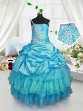 Classical Aqua Blue Womens Party Dresses Military Ball and Sweet 16 and Quinceanera with Pick Ups Strapless Sleeveless Lace Up
