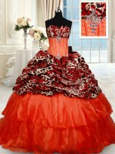 Wonderful Brush Train Ball Gowns 15th Birthday Dress Orange Red Sweetheart Organza Sleeveless Lace Up