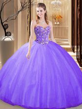 Custom Fit Sleeveless Tulle Floor Length Lace Up 15 Quinceanera Dress in Lavender with Embroidery