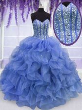 Smart Sleeveless Floor Length Beading and Ruffles Lace Up 15 Quinceanera Dress with Blue