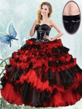  Ruffled Floor Length Ball Gowns Sleeveless Red And Black 15th Birthday Dress Lace Up