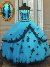  Strapless Sleeveless Quinceanera Dresses Floor Length Appliques Aqua Blue Tulle