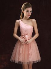 Discount One Shoulder Sleeveless Mini Length Lace and Bowknot Lace Up Damas Dress with Peach