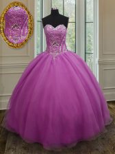 Fashion Fuchsia Lace Up Ball Gown Prom Dress Beading and Belt Sleeveless Floor Length
