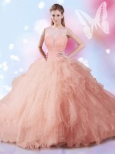 Exquisite High-neck Sleeveless 15th Birthday Dress Floor Length Beading and Ruffles Peach Tulle