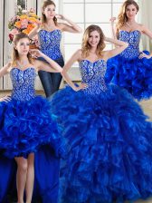 Great Four Piece Royal Blue Sweet 16 Quinceanera Dress Sweetheart Sleeveless Brush Train Lace Up