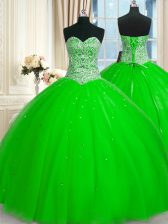 Customized Sweetheart Sleeveless Quince Ball Gowns Floor Length Beading and Sequins Tulle