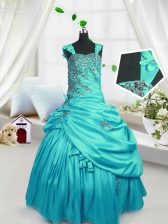  Floor Length Turquoise Teens Party Dress Satin Sleeveless Beading and Pick Ups