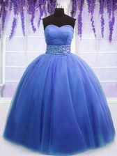  Sleeveless Floor Length Beading and Belt Lace Up Ball Gown Prom Dress with Blue