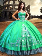 Glittering Off the Shoulder Turquoise Ball Gowns Lace and Embroidery Sweet 16 Dresses Lace Up Satin Sleeveless Floor Length