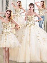  Four Piece Champagne Ball Gowns Sweetheart Sleeveless Tulle Floor Length Lace Up Beading Vestidos de Quinceanera