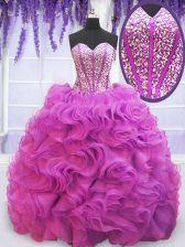 Colorful Sleeveless Beading and Ruffles Lace Up 15 Quinceanera Dress with Purple Brush Train
