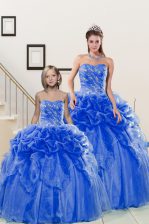 Sexy Sleeveless Organza Floor Length Lace Up Quinceanera Gowns in Blue with Beading and Pick Ups