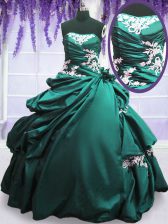 Artistic Turquoise Ball Gowns Appliques and Pick Ups Quinceanera Gown Lace Up Taffeta Sleeveless Floor Length