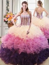 Dramatic Sweetheart Sleeveless Quinceanera Dress Floor Length Beading and Ruffles Multi-color Organza
