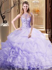  Scoop Sleeveless Organza Brush Train Lace Up Quinceanera Dress in Lavender with Beading and Ruffles and Pick Ups