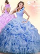 Clearance Blue Ball Gowns Beading and Ruffles and Pick Ups Quinceanera Dress Backless Organza Sleeveless