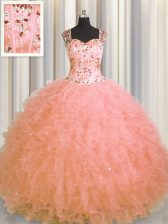 Affordable See Through Zipper Up Watermelon Red Tulle Zipper Quince Ball Gowns Sleeveless Floor Length Beading and Ruffles
