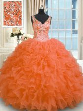 Custom Design Floor Length Zipper Quince Ball Gowns Orange Red for Military Ball and Sweet 16 and Quinceanera with Beading and Ruffles