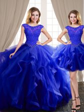 Amazing Three Piece Royal Blue Scoop Neckline Beading and Appliques and Ruffles Quinceanera Gowns Cap Sleeves Lace Up