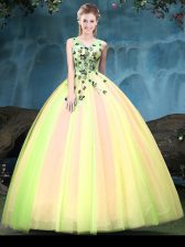  Multi-color Lace Up V-neck Appliques Quinceanera Dress Tulle Sleeveless
