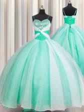  Apple Green Spaghetti Straps Neckline Beading and Ruching Ball Gown Prom Dress Sleeveless Lace Up