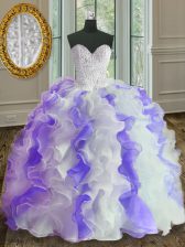 Romantic White and Purple Sleeveless Organza Lace Up Quinceanera Dress for Military Ball and Sweet 16 and Quinceanera