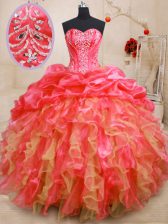 High Class Organza Sweetheart Sleeveless Lace Up Beading and Ruffles 15 Quinceanera Dress in Red