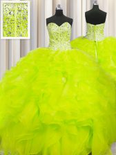 Sweet Visible Boning Beaded Bodice Yellow Ball Gowns Sweetheart Sleeveless Organza Floor Length Lace Up Beading and Ruffles Quinceanera Gown