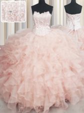 Cheap Visible Boning Peach Lace Up Scalloped Beading and Ruffles Quinceanera Dresses Organza Sleeveless