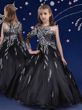 Customized Black Zipper Pageant Gowns For Girls Beading and Ruffles Sleeveless Floor Length