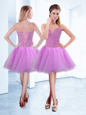 Sweet Sleeveless Organza Knee Length Lace Up Dress for Prom in Lilac with Beading