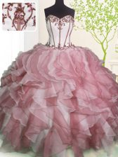  Pink And White Organza Lace Up 15 Quinceanera Dress Sleeveless Floor Length Ruffles