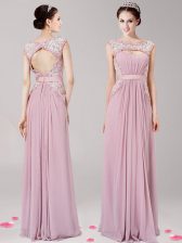 Scoop Sleeveless Chiffon Floor Length Zipper Prom Dresses in Pink with Appliques
